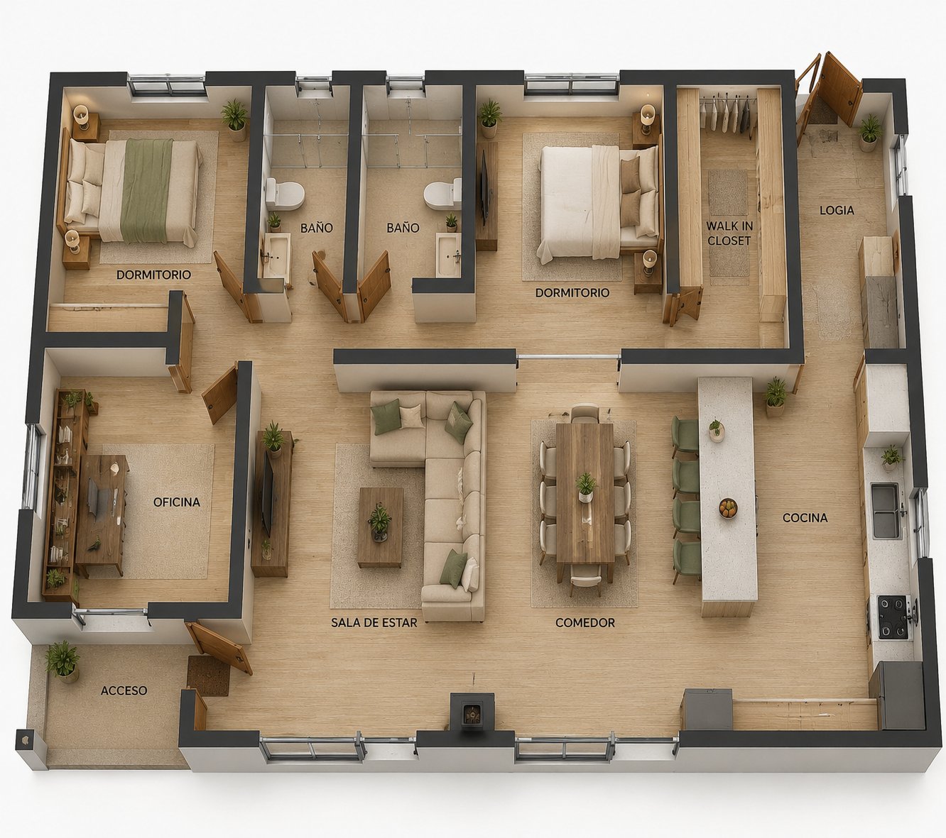 Modelo Oliva — planta 3D amoblada